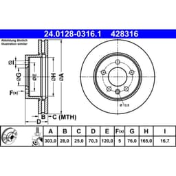 Disque de frein ATE 24.0128-0316.1 Avant, ventilé, 1 pièce aperçu 2