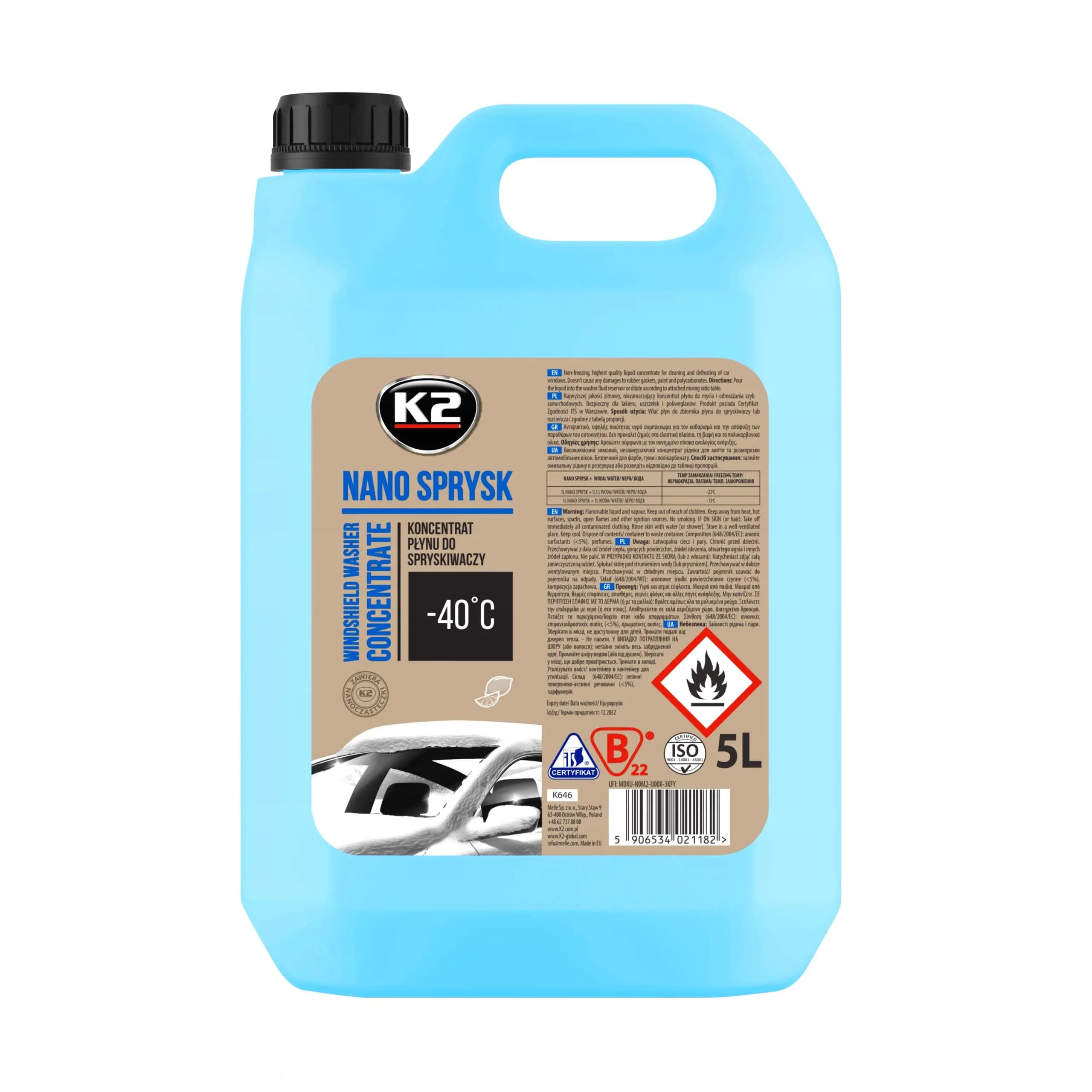 Liquide lave-glace d'hiver CLAREN K2 K625 -22 °C 5L 